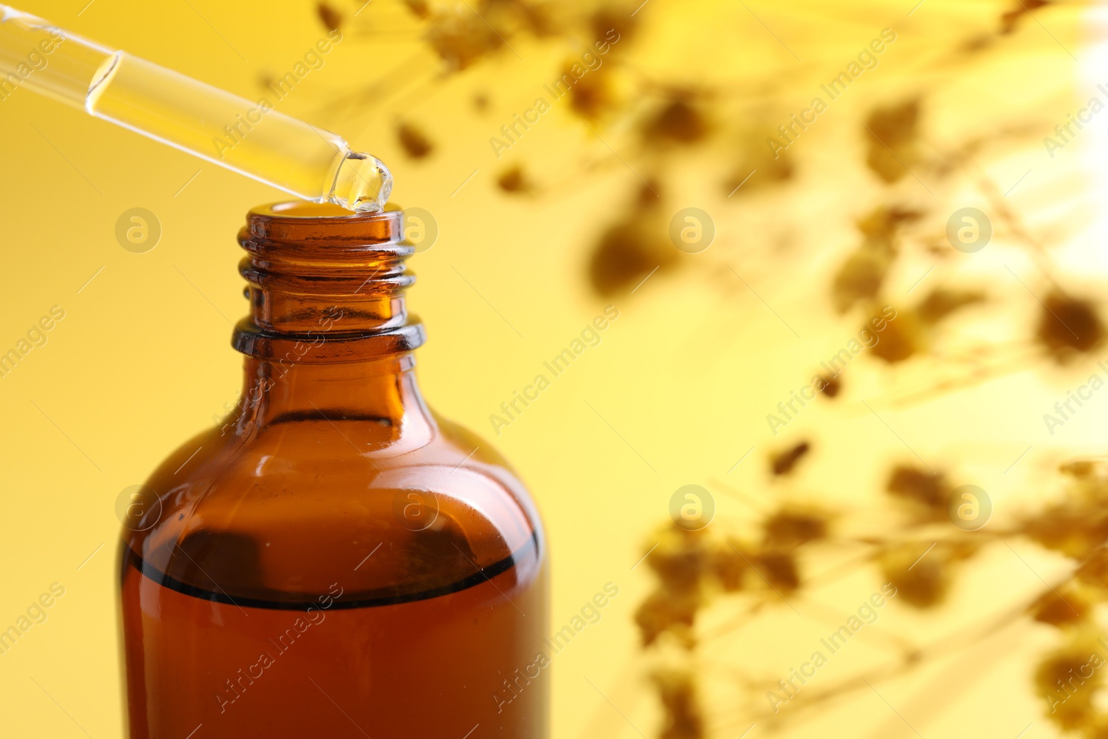 Photo of Dripping serum from pipette into bottle on yellow background, closeup. Space for text