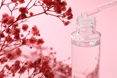 Photo of Dripping serum from pipette into bottle and gypsophila flowers on pink background, closeup