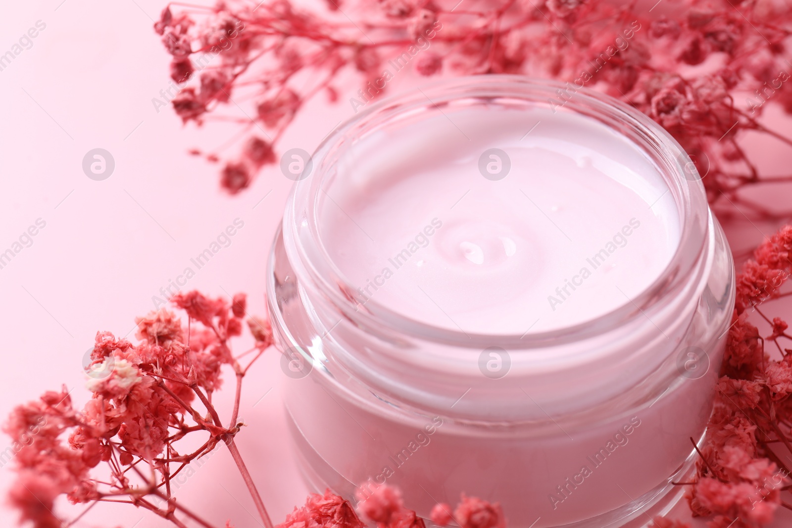 Photo of Jar of moisturizing cream and gypsophila flowers on pink background, closeup