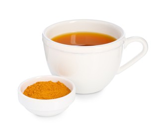 Photo of Aromatic turmeric tea in cup and powder isolated on white