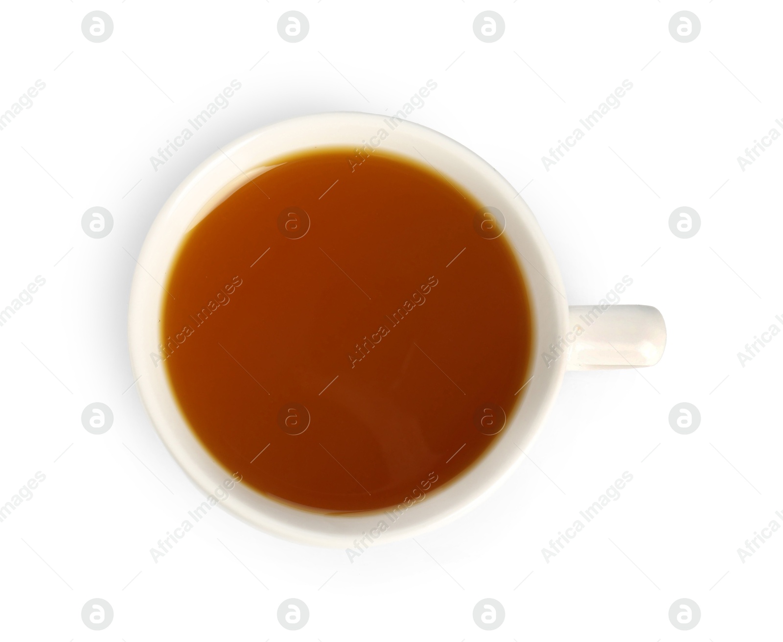 Photo of Aromatic turmeric tea in cup isolated on white, top view