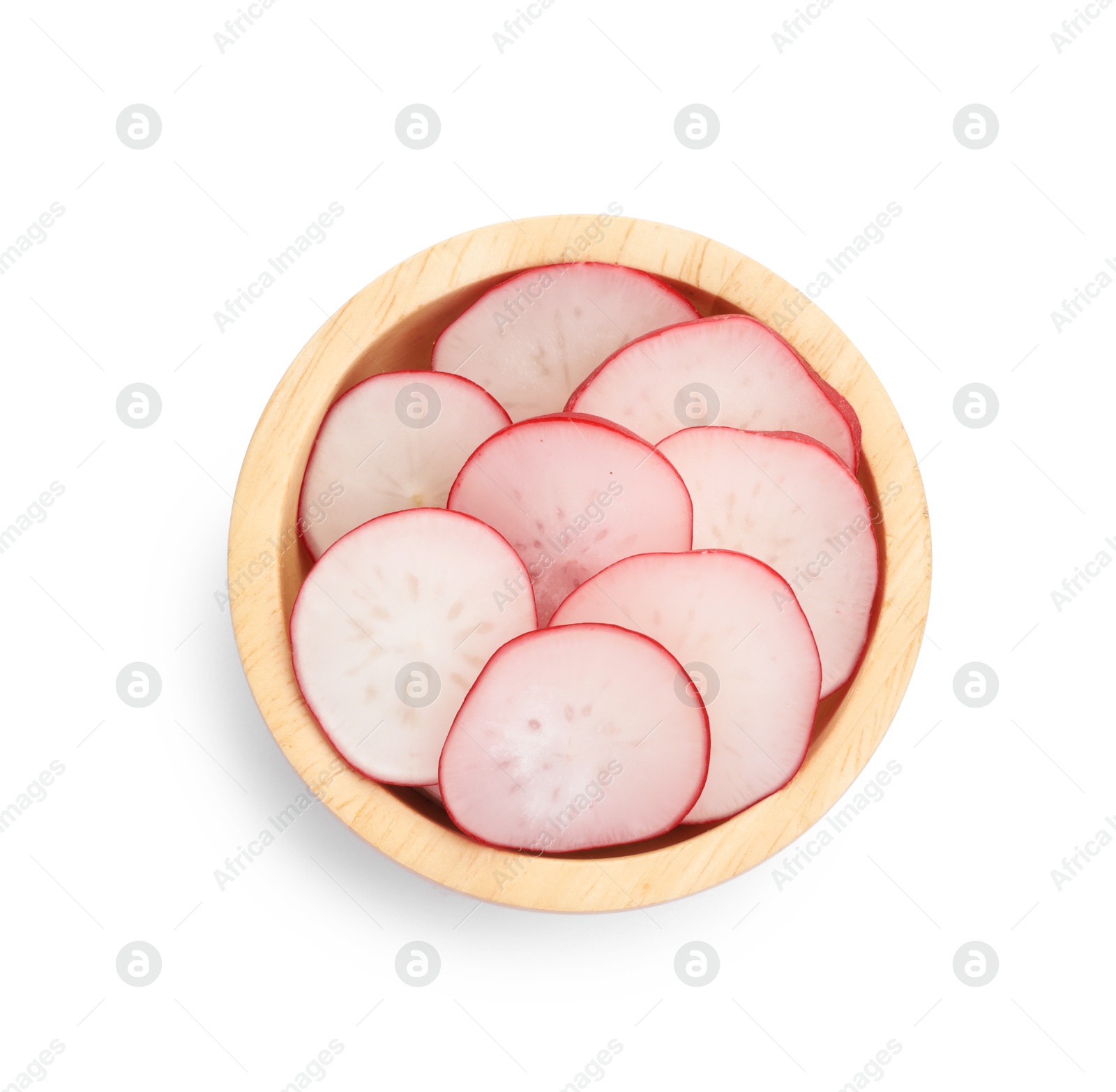 Photo of Radish slices in bowl isolated on white, top view