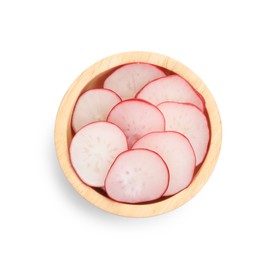 Photo of Radish slices in bowl isolated on white, top view