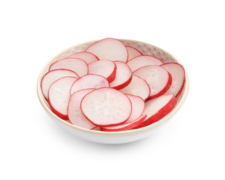 Photo of Radish slices in bowl isolated on white