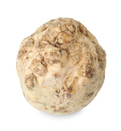 Photo of One fresh celery root isolated on white, above view