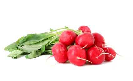 Photo of Fresh ripe radishes isolated on white. Root vegetable