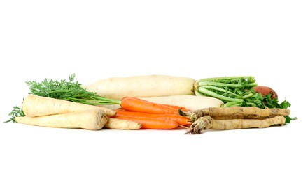 Photo of Many different root vegetables isolated on white