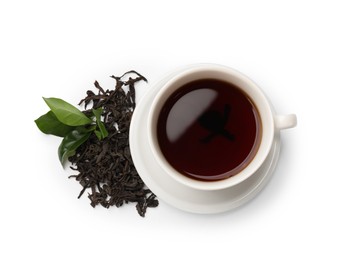 Photo of Aromatic tea, brew and fresh leaves isolated on white, top view