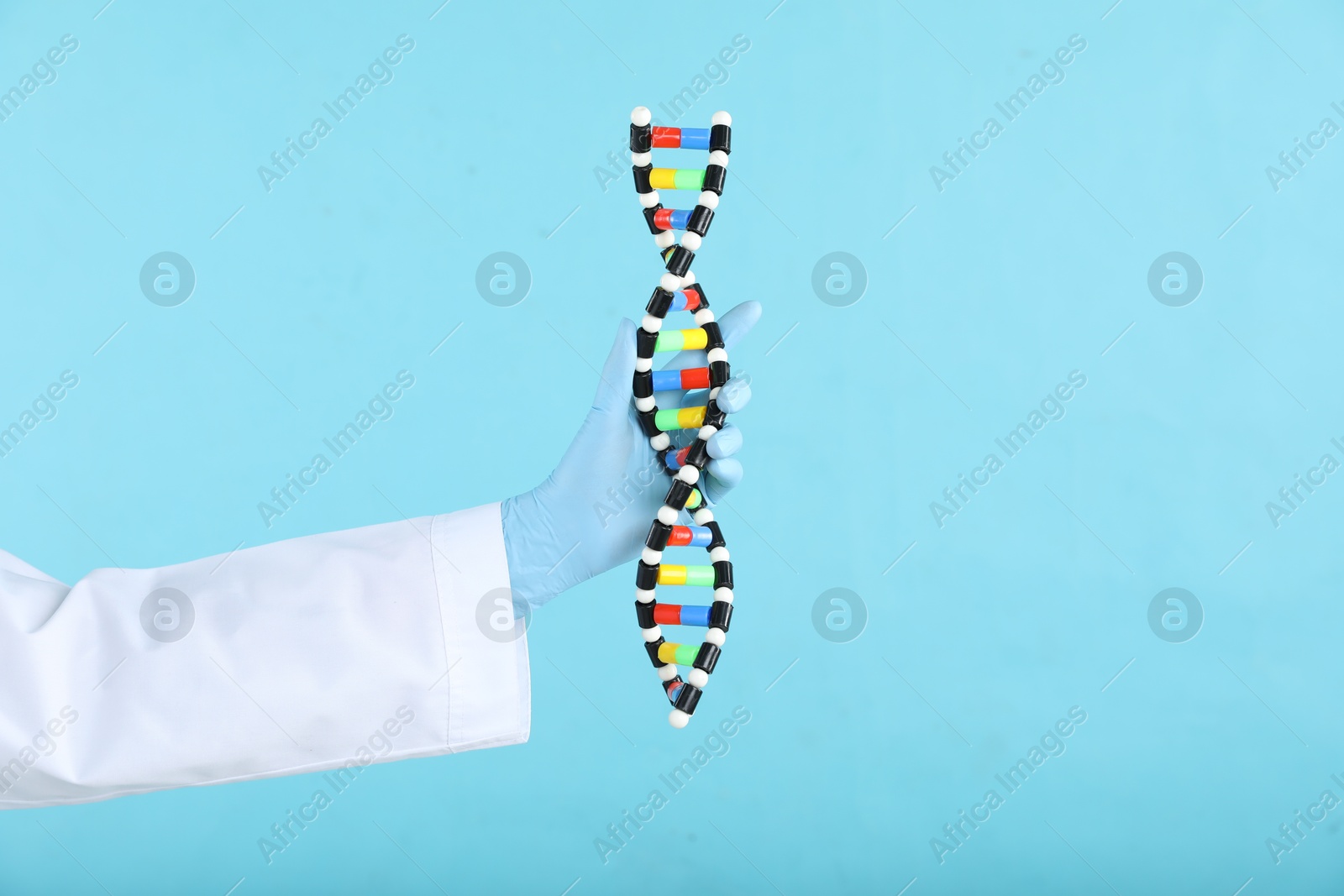 Photo of Scientist holding DNA structure model on light blue background, closeup. Space for text