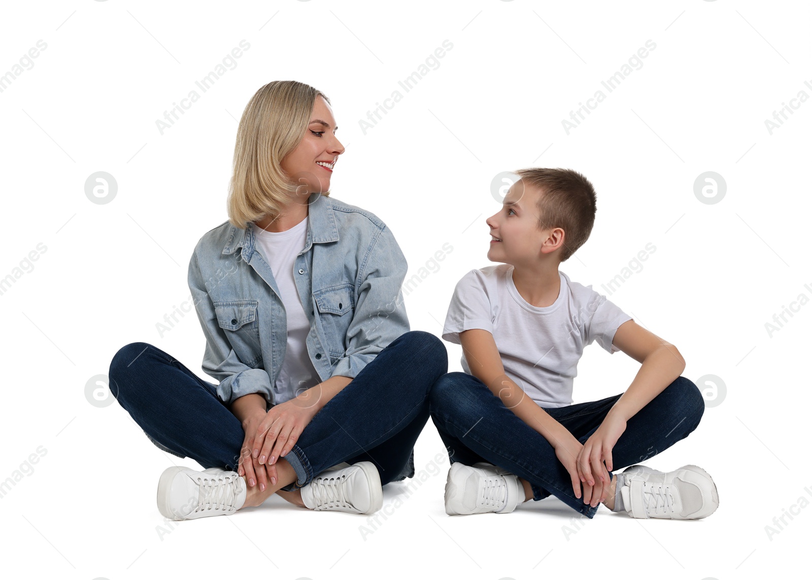 Photo of Happy mother and son on white background