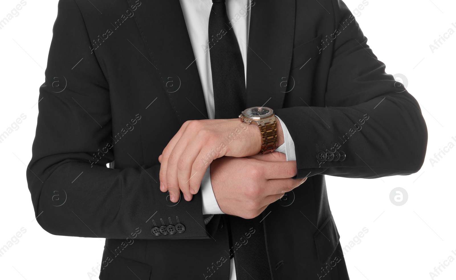 Photo of Man in classic suit with stylish watch on white background, closeup