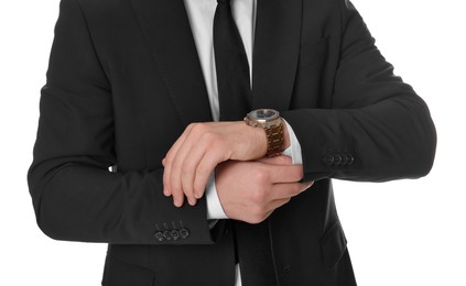 Photo of Man in classic suit with stylish watch on white background, closeup