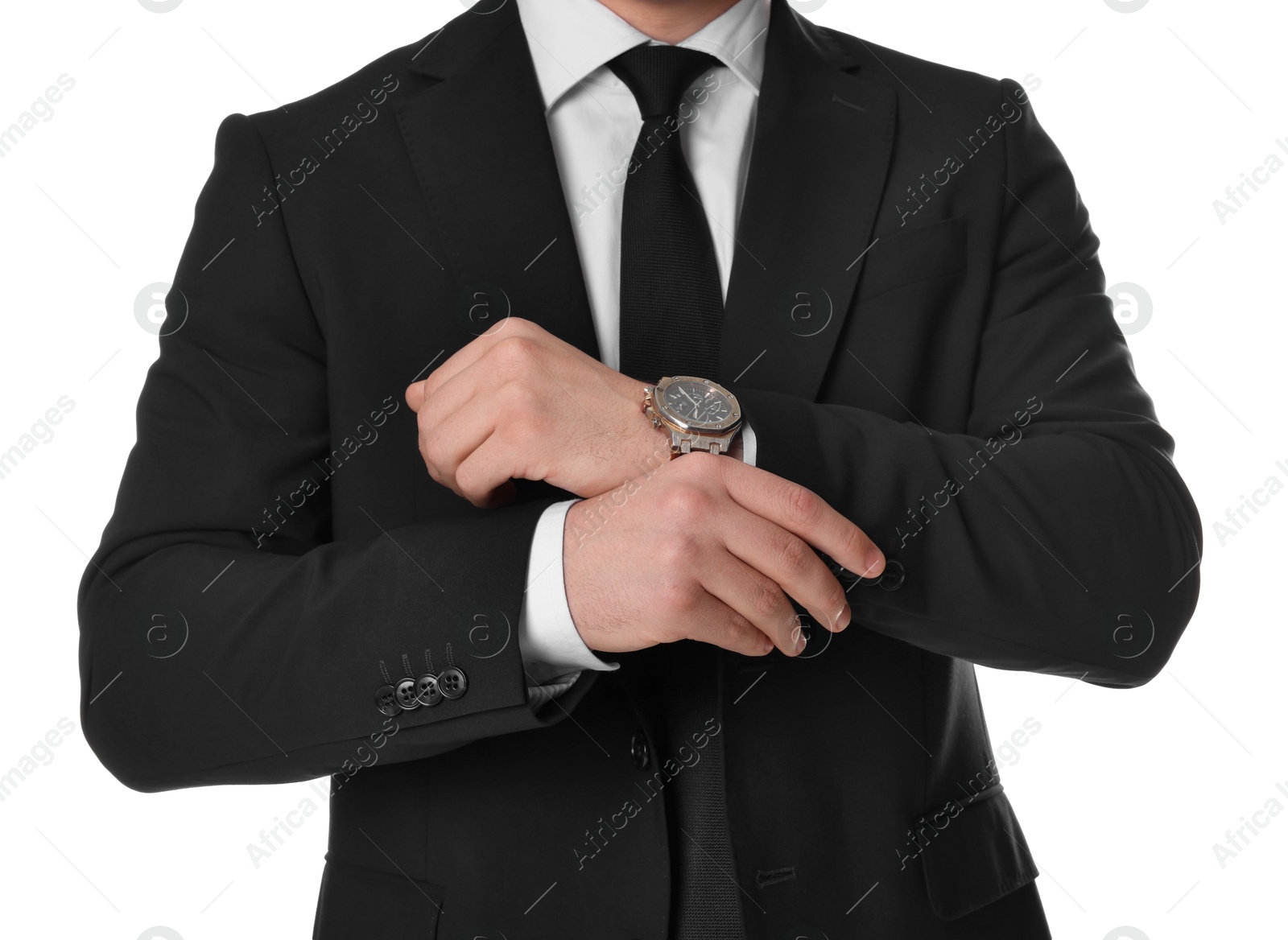 Photo of Man in classic suit with stylish watch on white background, closeup