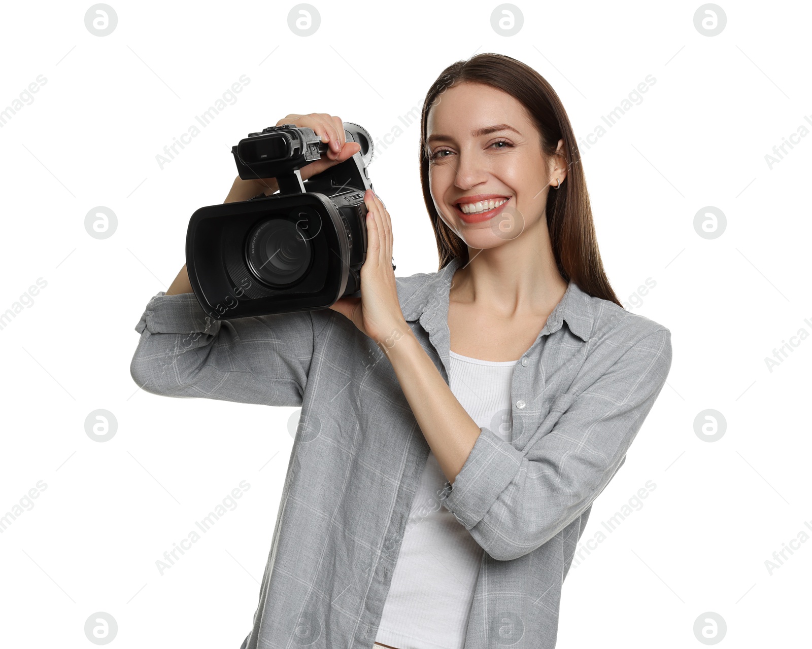 Photo of Happy woman with professional video camera on white background