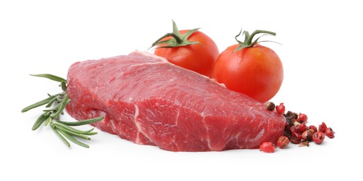 Photo of Piece of raw beef meat, rosemary, peppercorns and tomatoes isolated on white