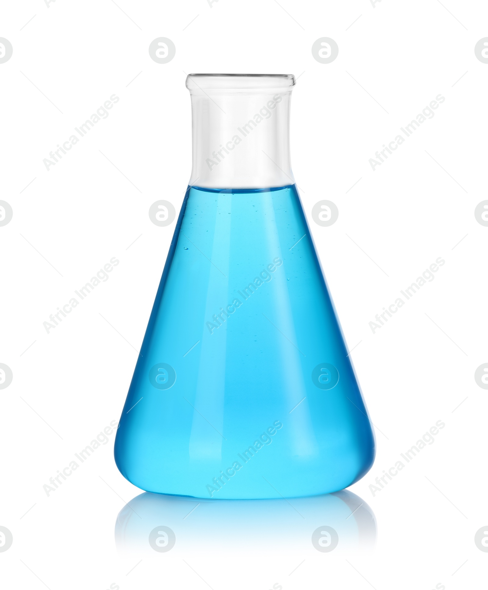 Photo of Conical flask with blue liquid isolated on white