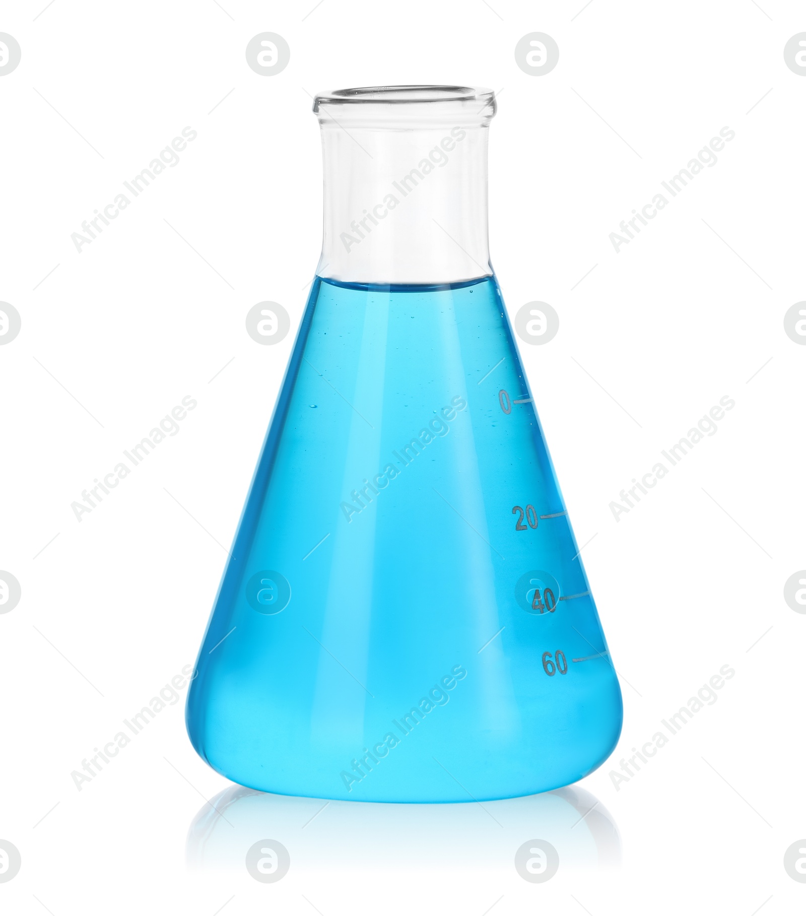 Photo of Conical flask with blue liquid isolated on white