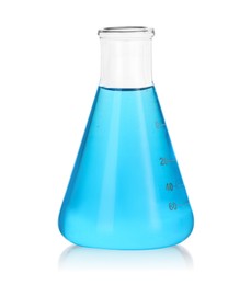 Photo of Conical flask with blue liquid isolated on white