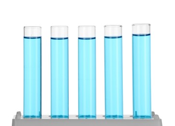 Photo of Test tubes with blue liquid isolated on white