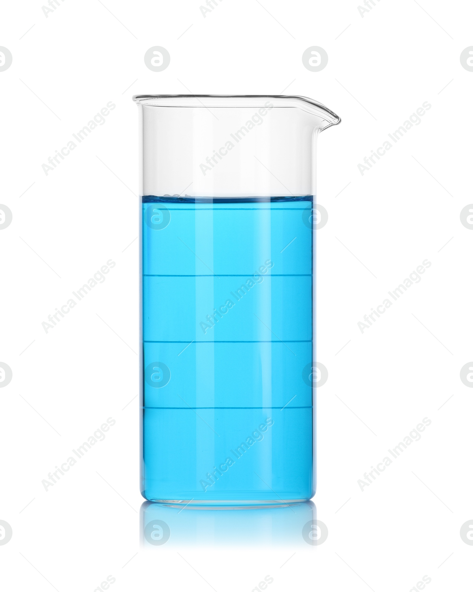 Photo of Beaker with blue liquid isolated on white