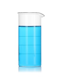 Photo of Beaker with blue liquid isolated on white