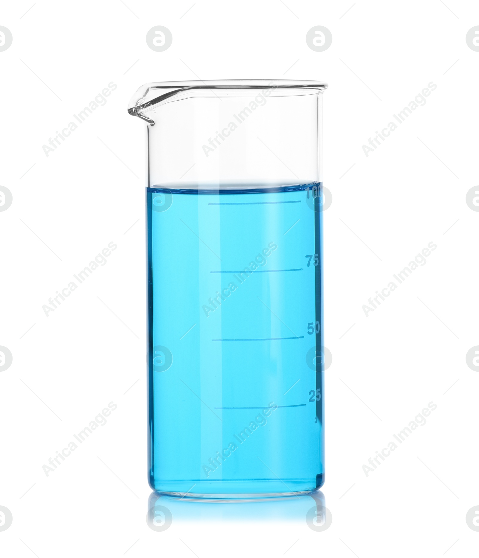 Photo of Beaker with blue liquid isolated on white