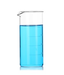 Photo of Beaker with blue liquid isolated on white