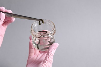 Woman taking medicinal leech from jar with tweezers on gray background, closeup. Space for text