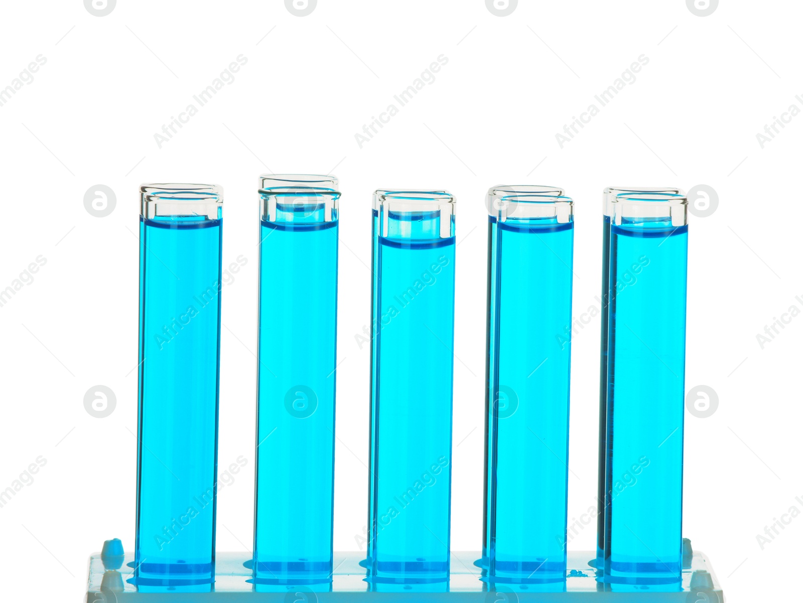 Photo of Test tubes with blue liquid isolated on white