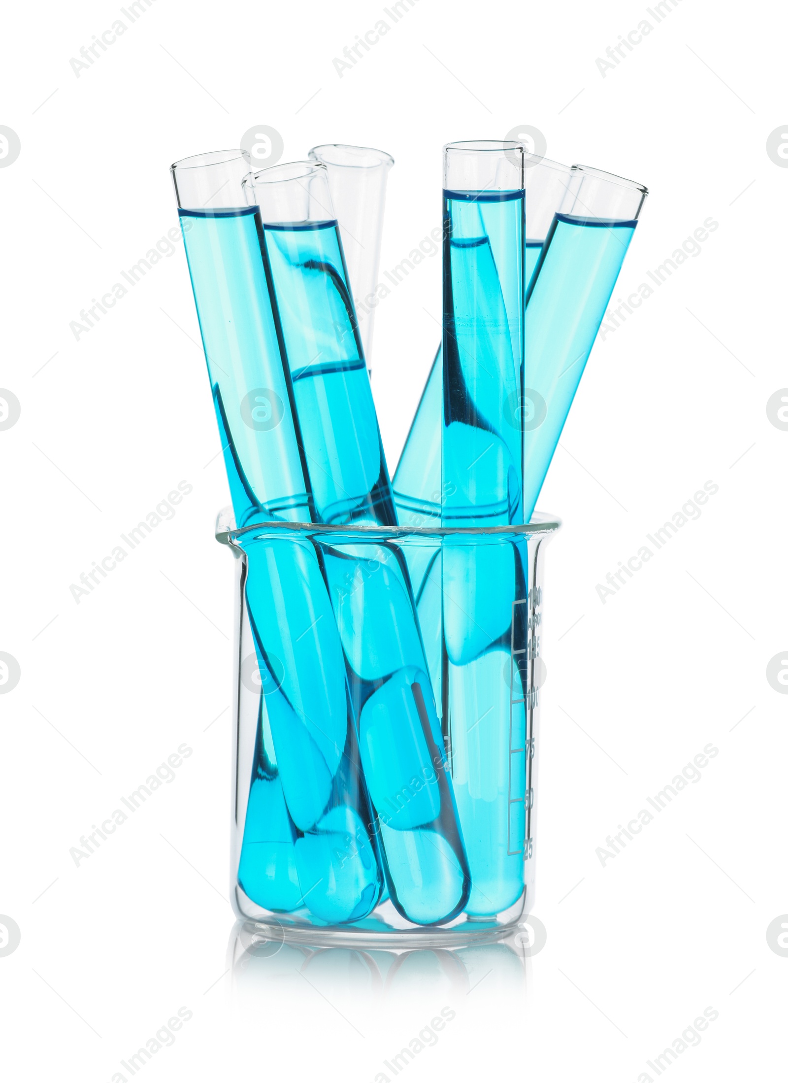 Photo of Test tubes with blue liquid isolated on white