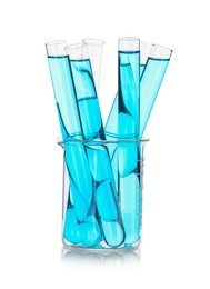 Photo of Test tubes with blue liquid isolated on white