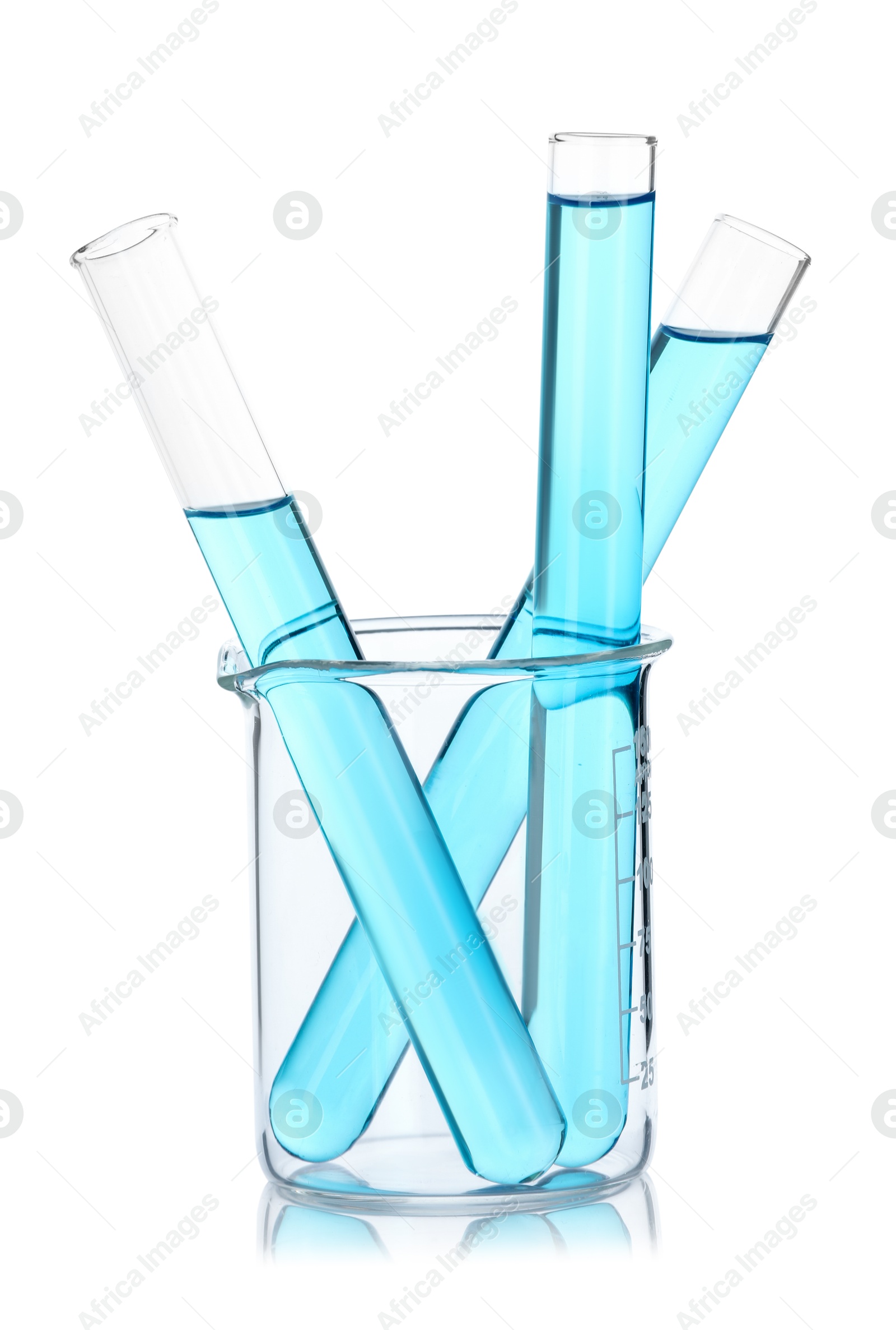 Photo of Test tubes with blue liquid isolated on white