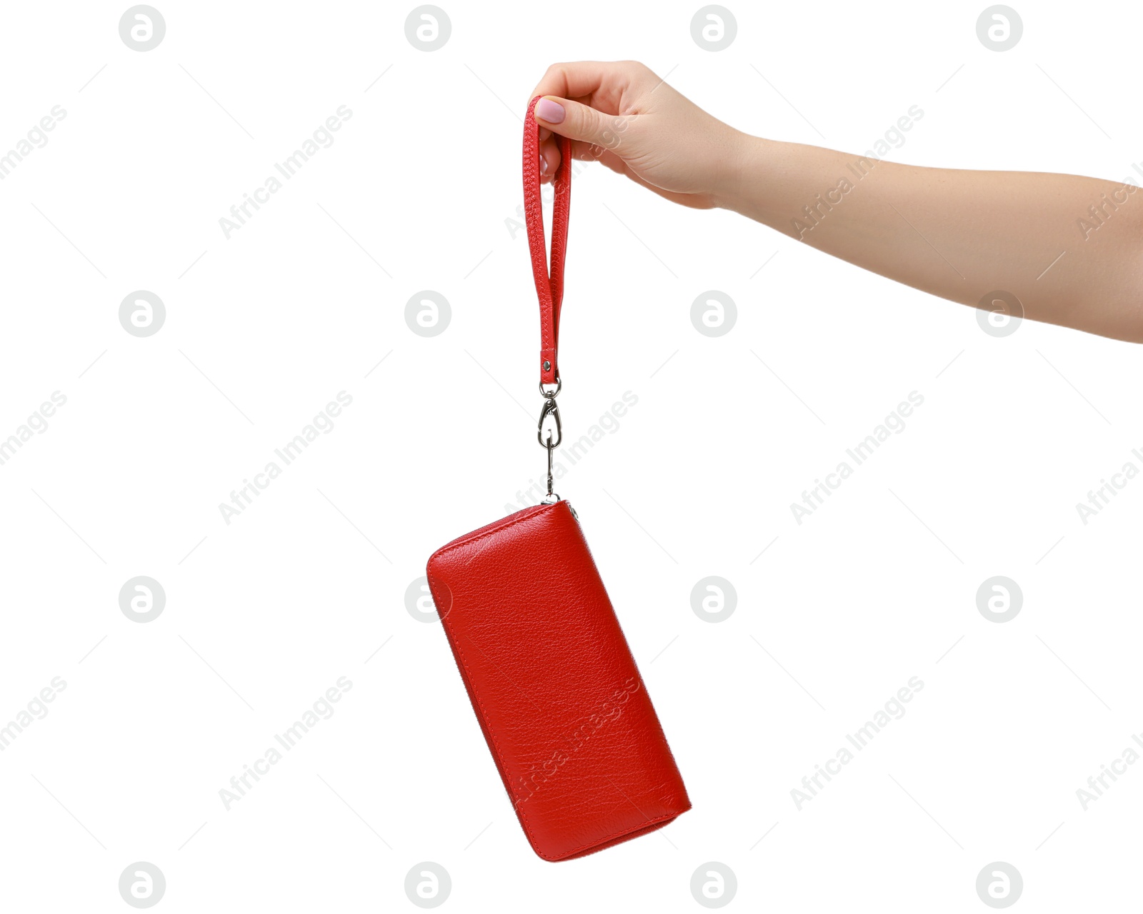 Photo of Woman with beautiful wallet on white background, closeup. Stylish accessory