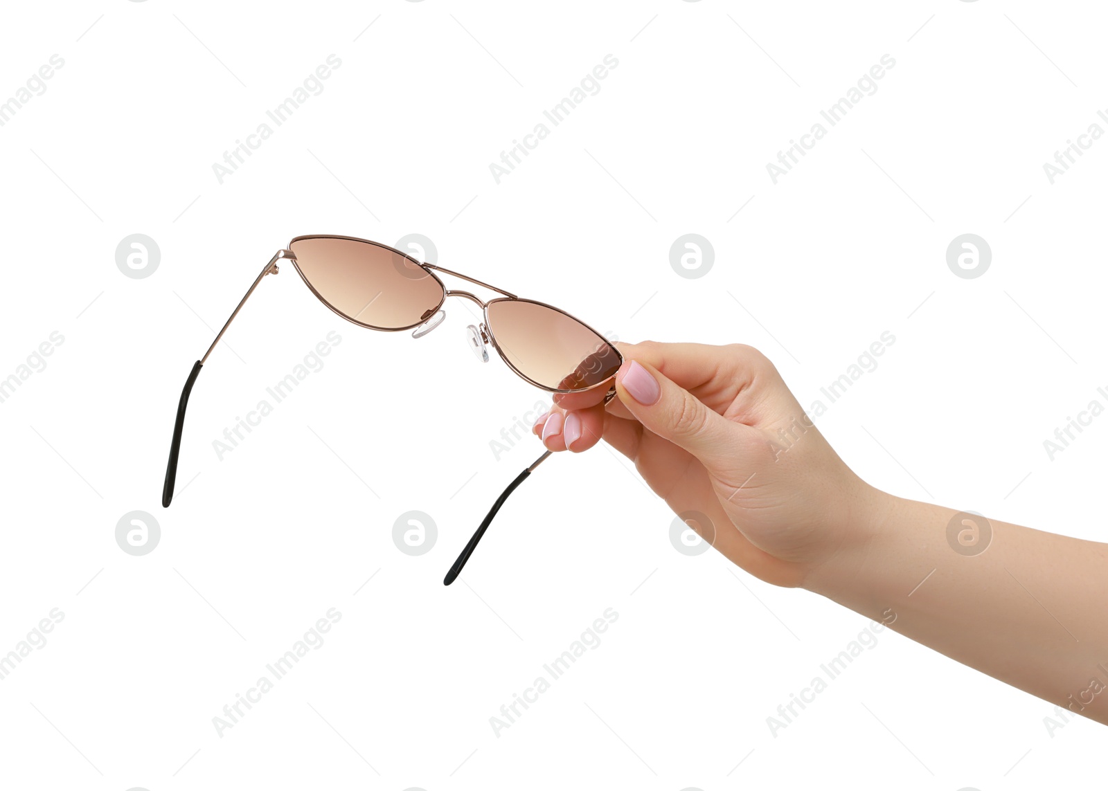 Photo of Woman with beautiful sunglasses on white background, closeup. Stylish accessory