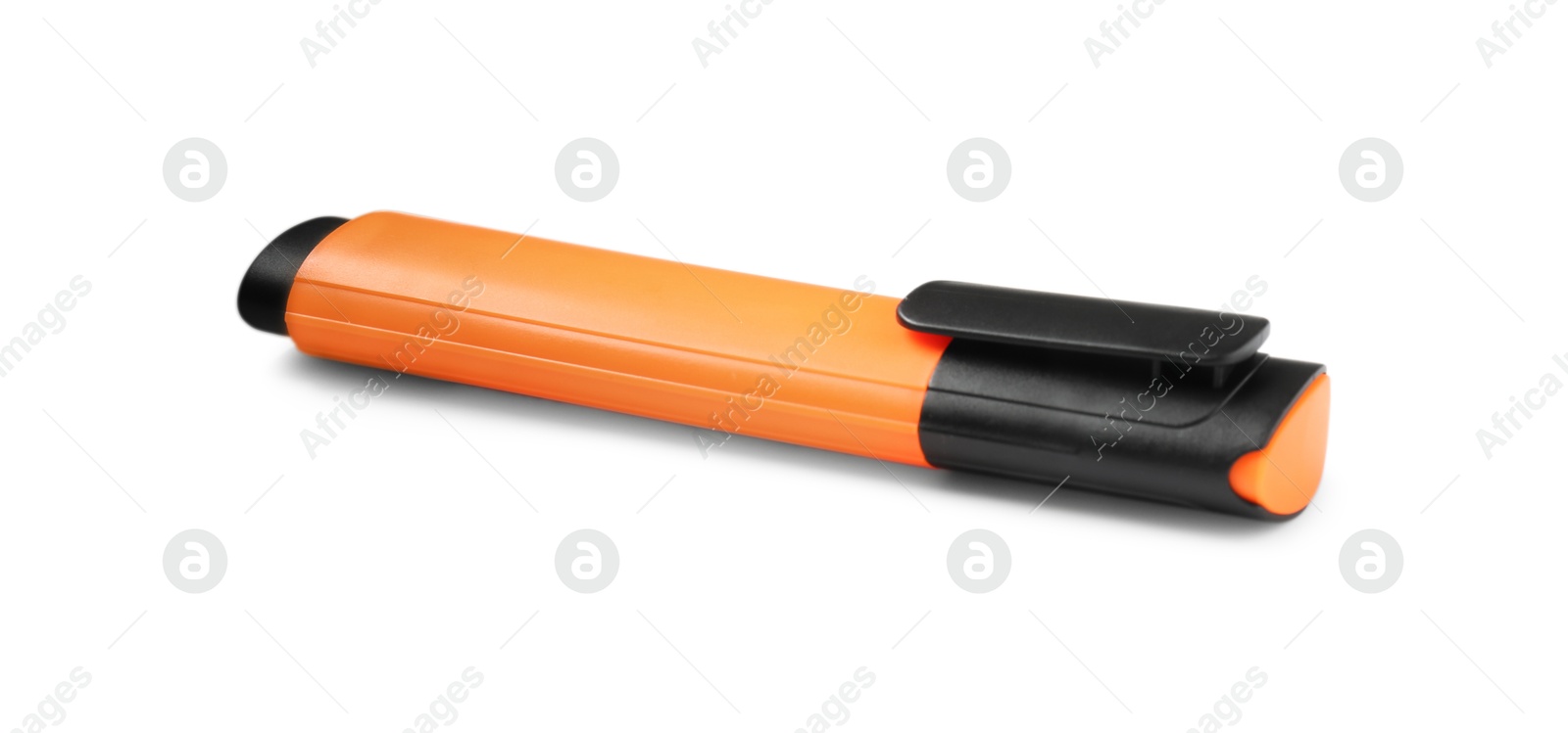 Photo of One bright highlighter isolated on white. School stationery