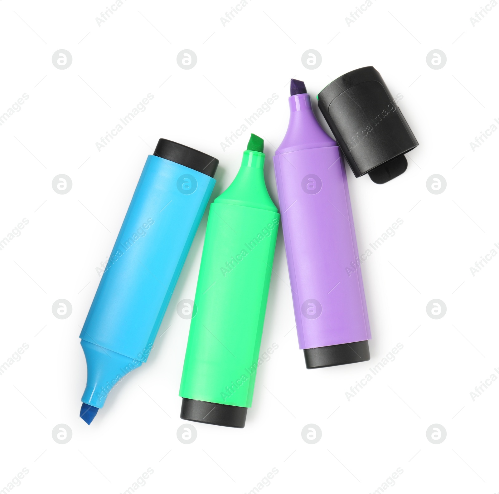 Photo of Bright highlighters isolated on white, top view