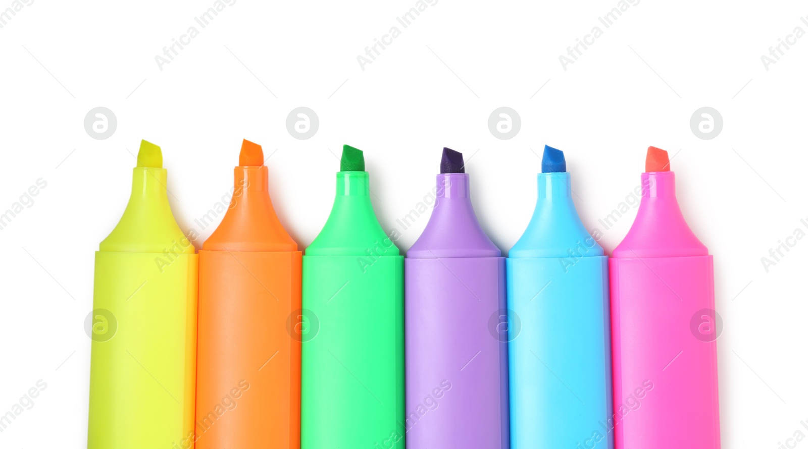 Photo of Bright highlighters isolated on white, top view