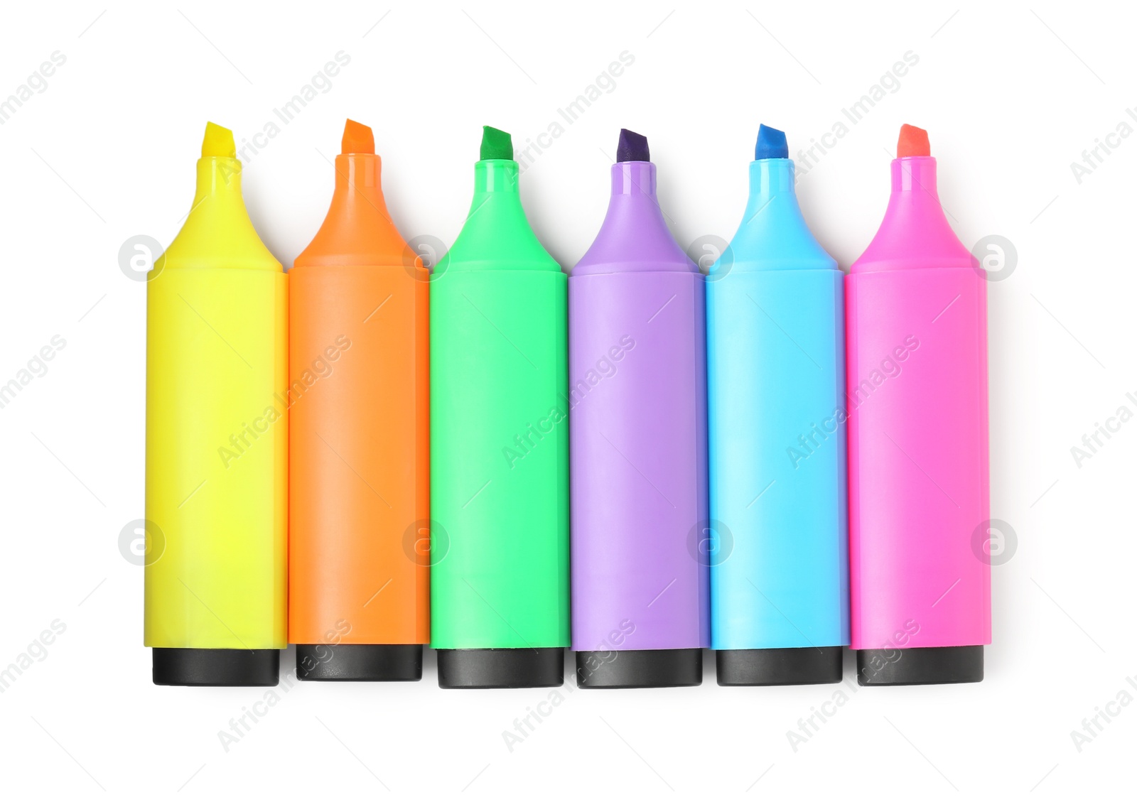 Photo of Bright highlighters isolated on white, top view