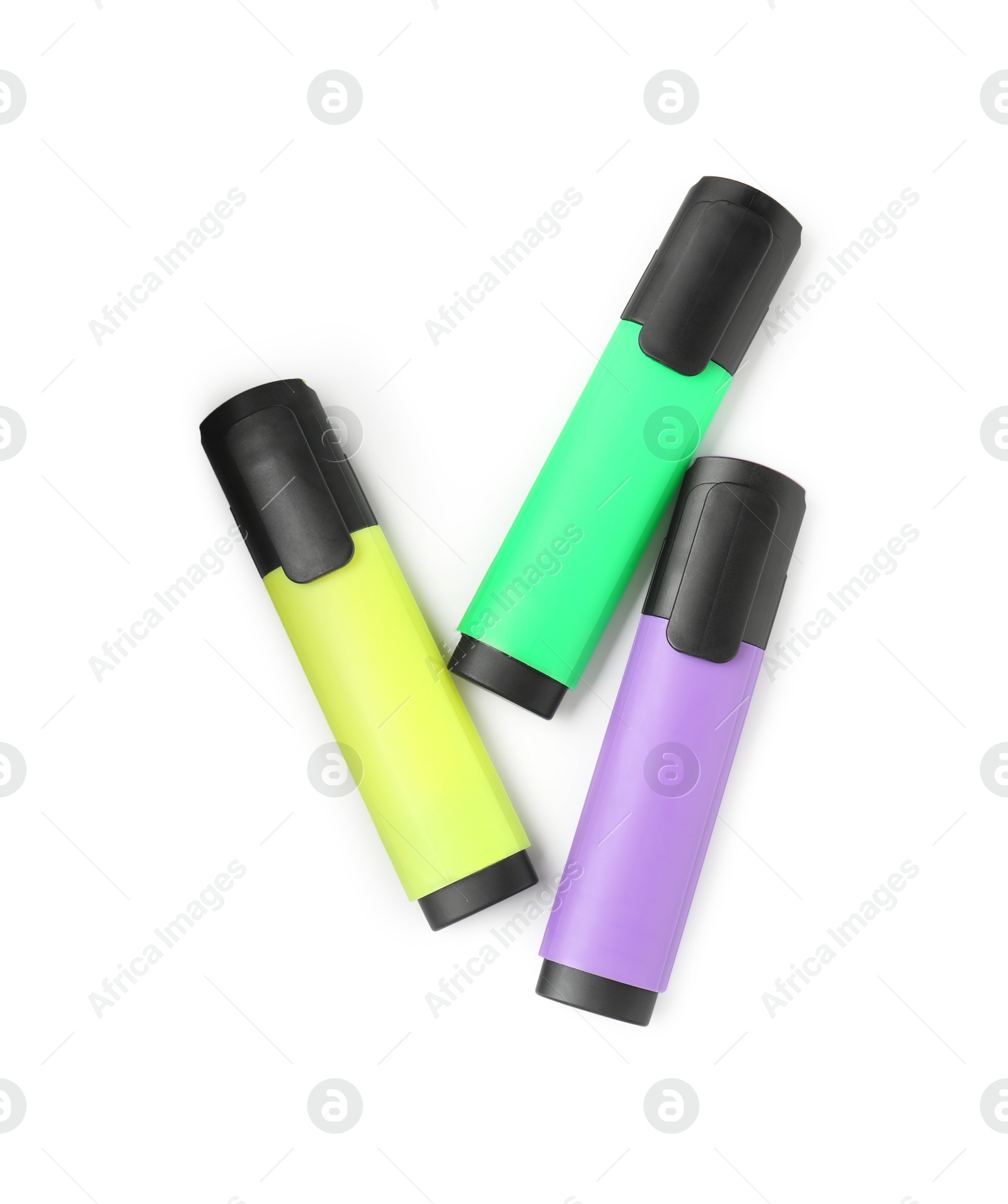 Photo of Bright highlighters isolated on white, top view