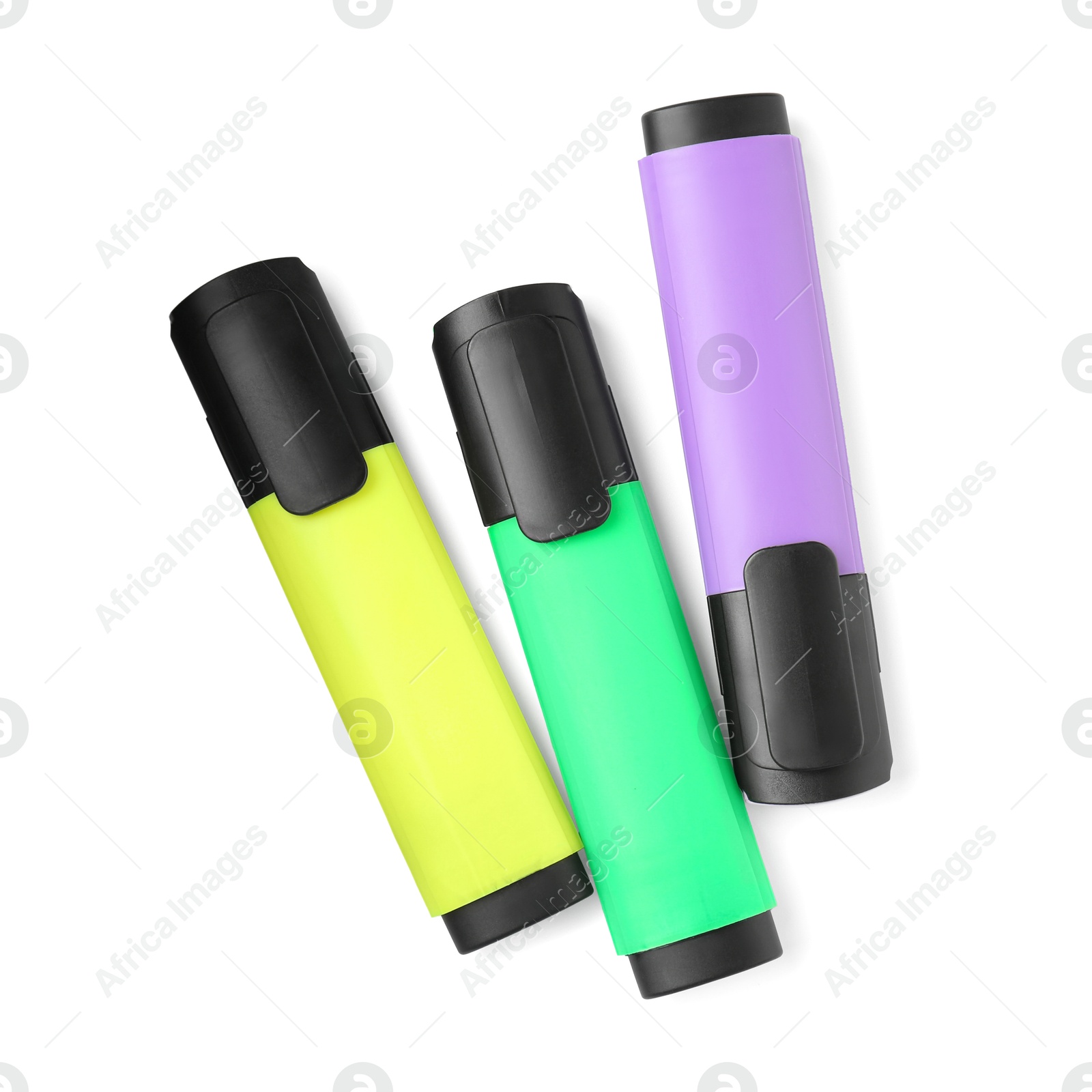 Photo of Bright highlighters isolated on white, top view