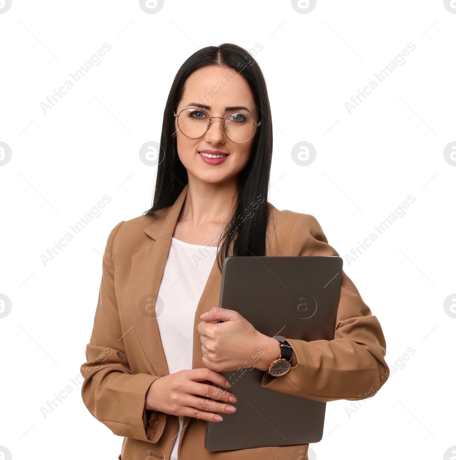 Photo of English teacher with laptop on white background