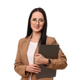 Photo of English teacher with laptop on white background