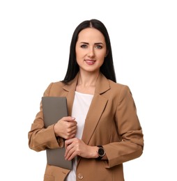 Photo of English teacher with laptop on white background