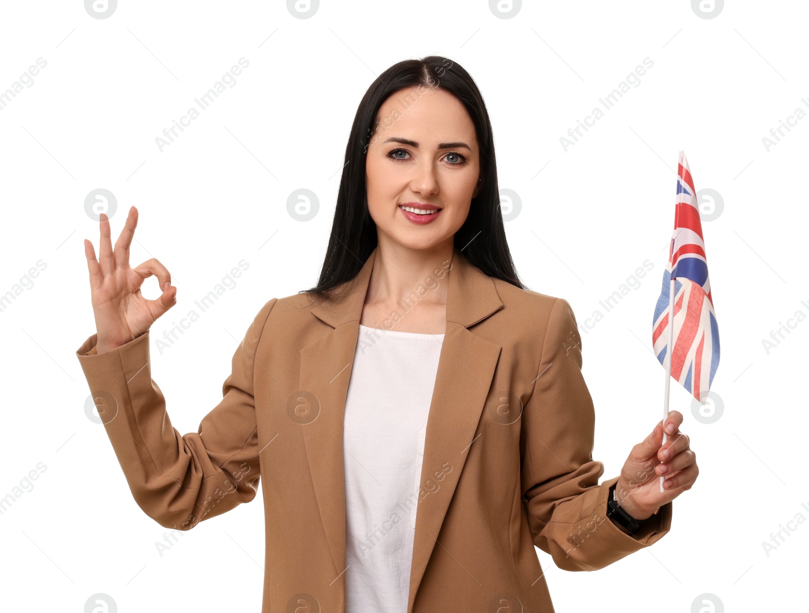 Photo of English teacher with UK flag showing ok gesture on white background