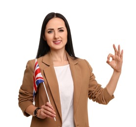 Photo of English teacher with UK flag showing ok gesture on white background