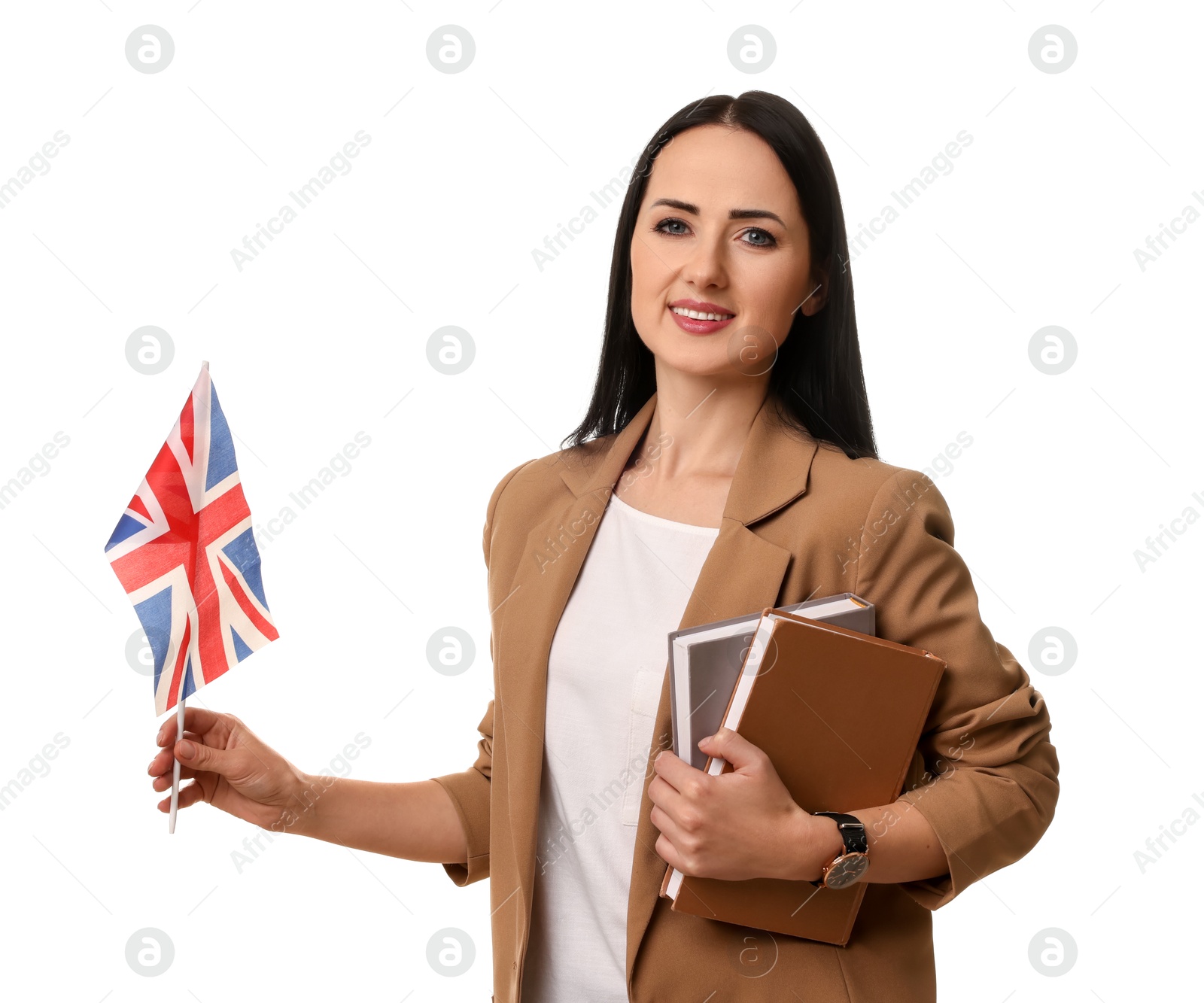 Photo of English teacher with UK flag and books on white background