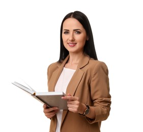 Photo of English teacher with book on white background