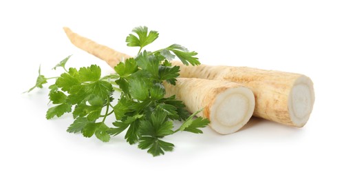 Photo of Fresh parsley and roots isolated on white