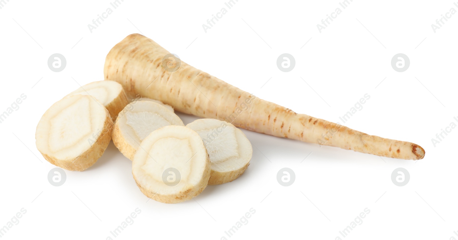 Photo of Cut fresh parsley root isolated on white