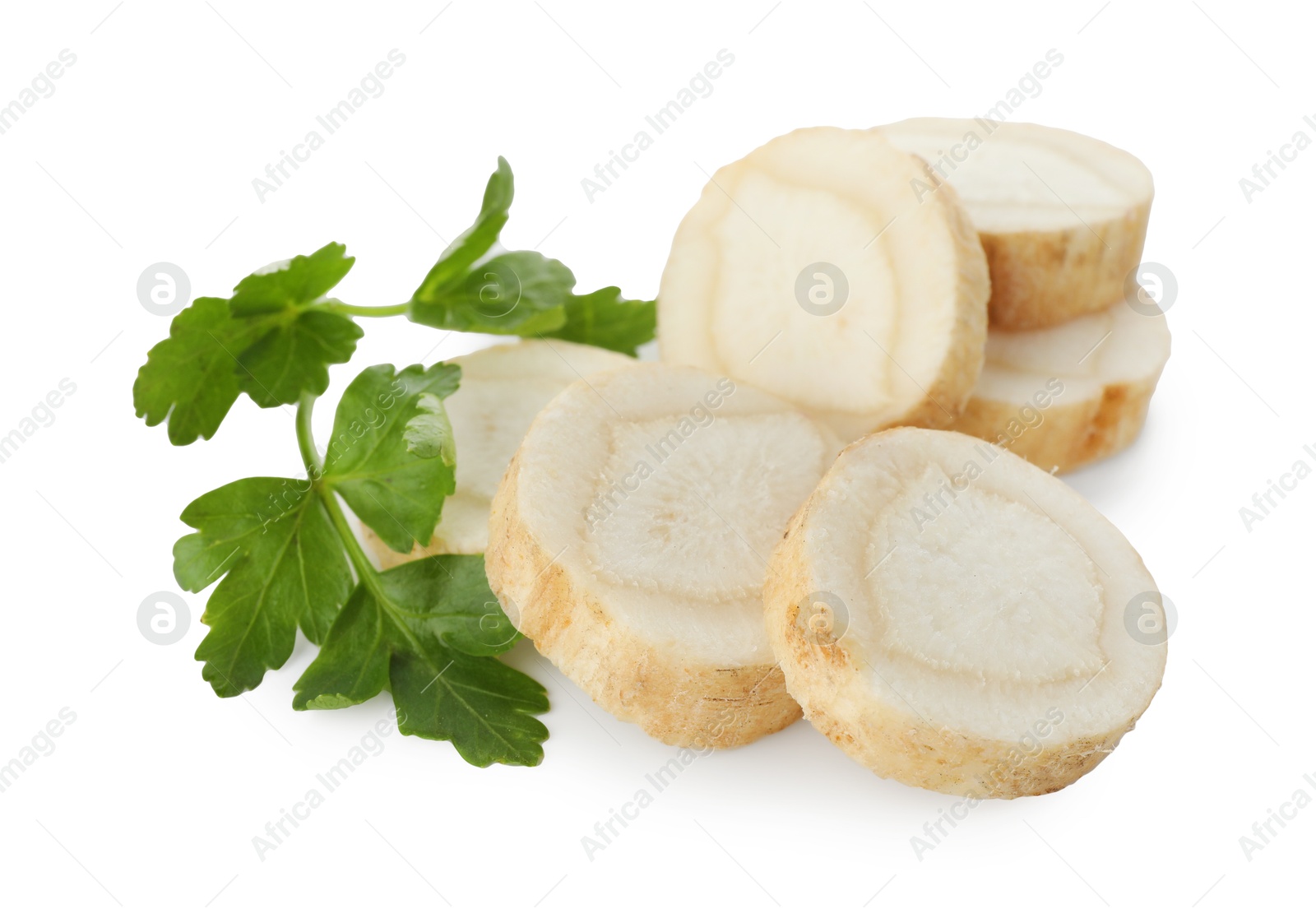 Photo of Fresh parsley and cut root isolated on white